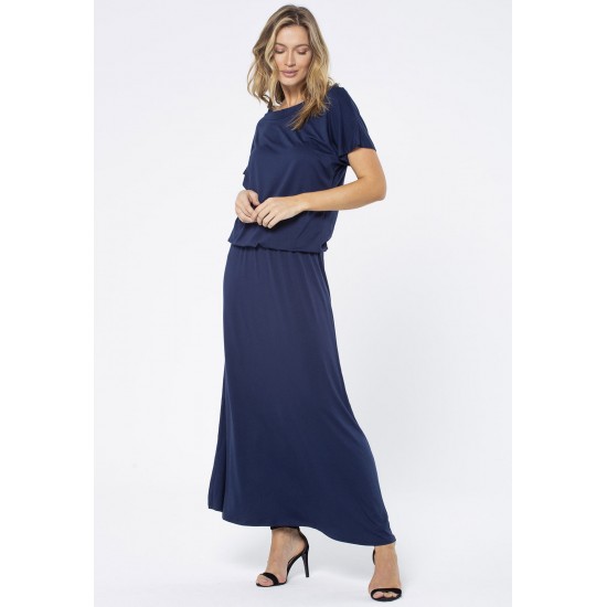 Vestido Longo Morcego Malha Azul Marinho