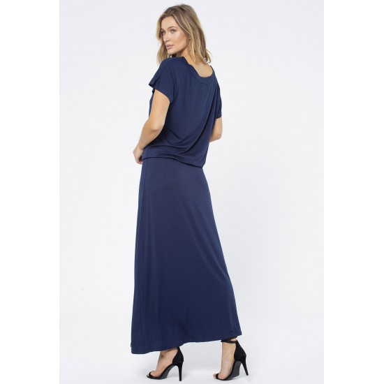 Vestido Longo Morcego Malha Azul Marinho