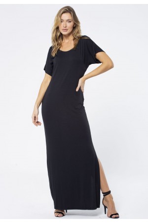Vestido Longo Malha Fenda na Lateral Preto