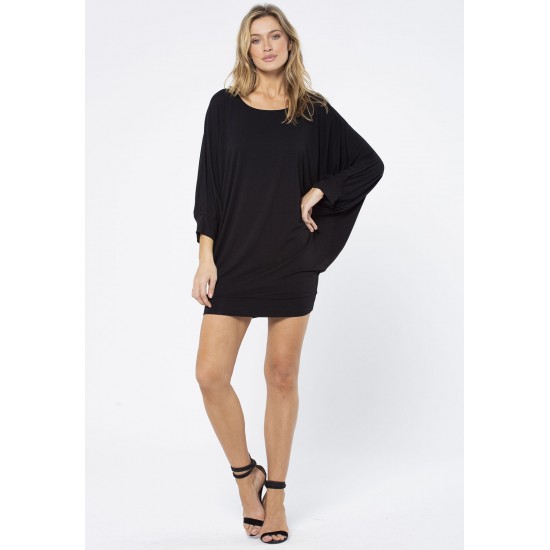 Vestido Curto Malha Morcego Manga 3/4 Preto