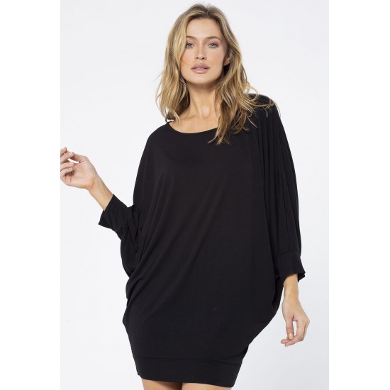Vestido Curto Malha Morcego Manga 3/4 Preto