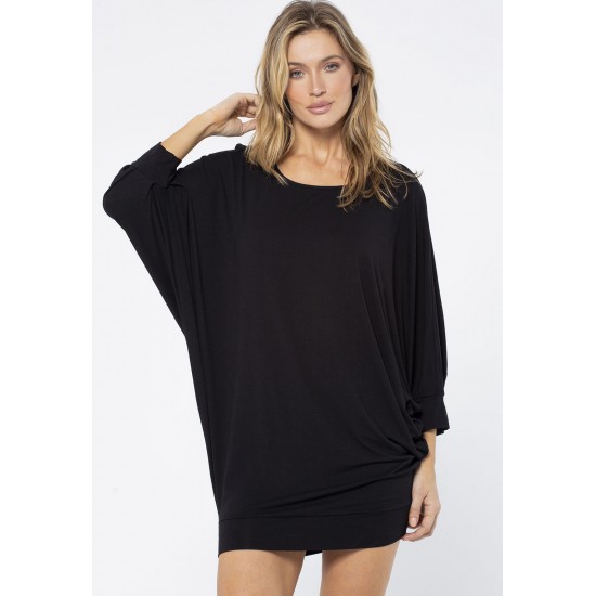 Vestido Curto Malha Morcego Manga 3/4 Preto
