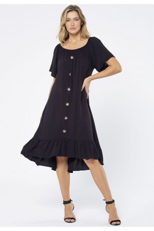 Vestido Curto Viscose Mullet com Botão Ombro a Ombro Amplo Preto