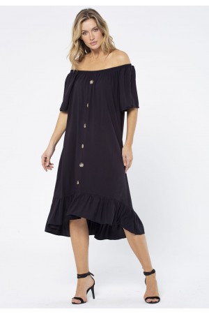 Vestido Curto Viscose Mullet com Botão Ombro a Ombro Amplo Preto