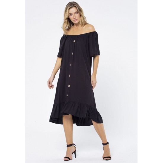 Vestido Curto Viscose Mullet com Botão Ombro a Ombro Amplo Preto
