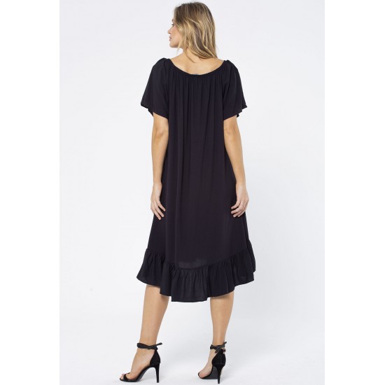 Vestido Curto Viscose Mullet com Botão Ombro a Ombro Amplo Preto