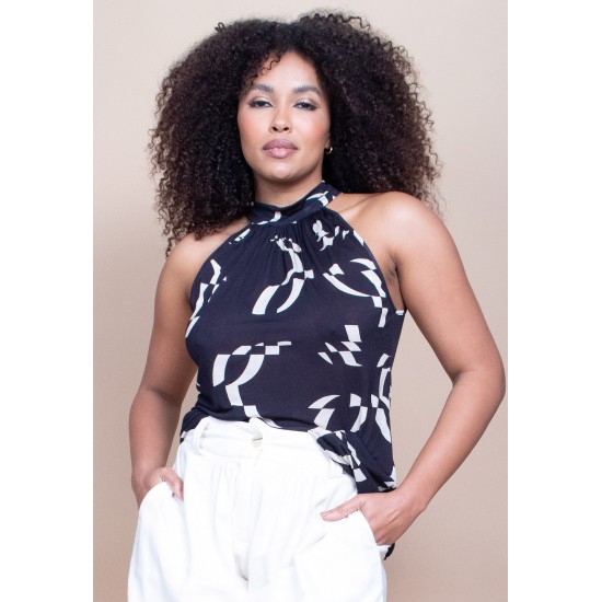 Blusa Trapézio Kaiapó Malha Fibra de Bambu Estampa Maria