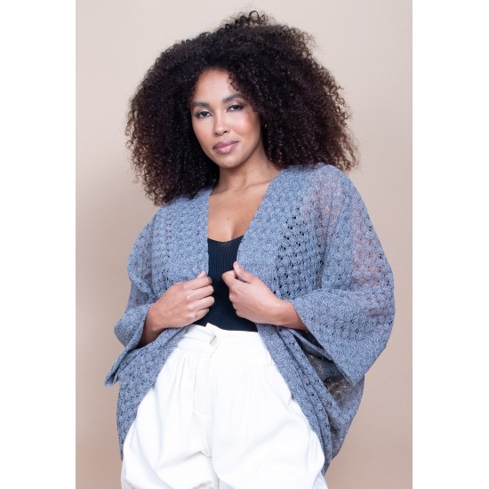 Kimono Ponto Tricot Manga Ampla Cinza