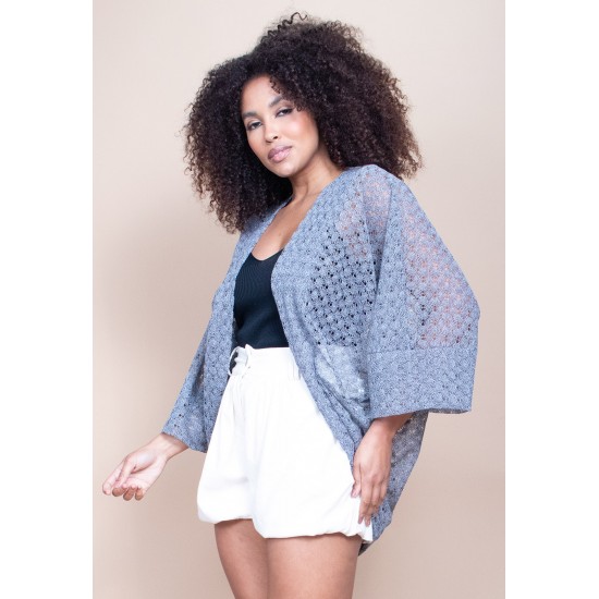 Kimono Ponto Tricot Manga Ampla Cinza