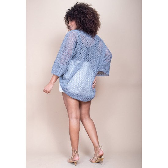 Kimono Ponto Tricot Manga Ampla Cinza