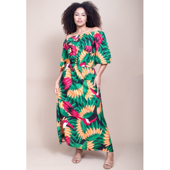 Vestido Midi Viscose Ciganinha com Lapela Estampa Festa dos Tucanos