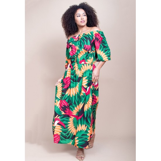 Vestido Midi Viscose Ciganinha com Lapela Estampa Festa dos Tucanos