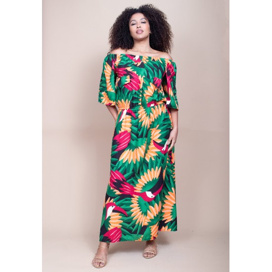 Vestido Midi Viscose Ciganinha com Lapela Estampa Festa dos Tucanos