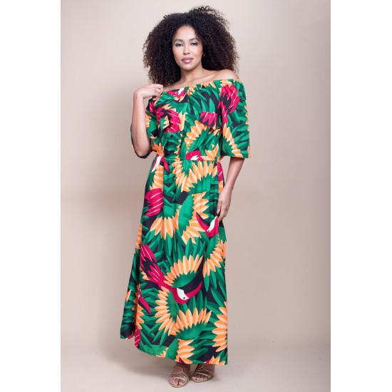 Vestido Midi Viscose Ciganinha com Lapela Estampa Festa dos Tucanos