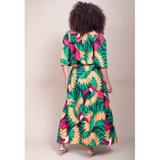 Vestido Midi Viscose Ciganinha com Lapela Estampa Festa dos Tucanos