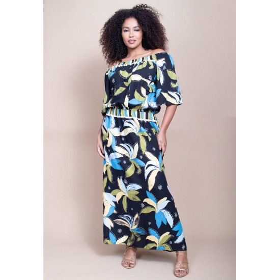Vestido Midi Viscose Ciganinha com Lapela Estampa Jardim Noturno