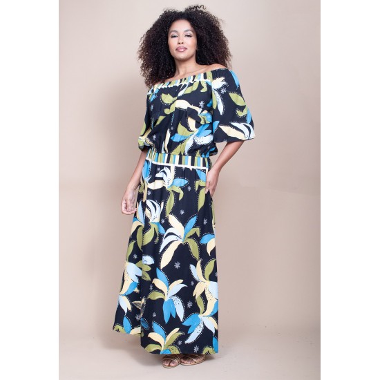 Vestido Midi Viscose Ciganinha com Lapela Estampa Jardim Noturno