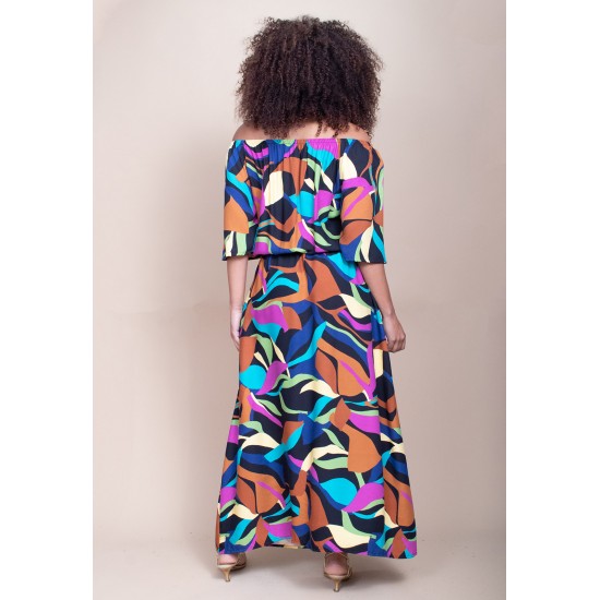Vestido Midi Viscose Ciganinha com Lapela Estampa Aurora Urbana