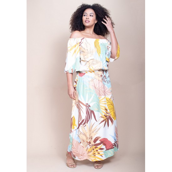 Vestido Midi Viscose Ciganinha com Lapela Estampa Aurora Suave