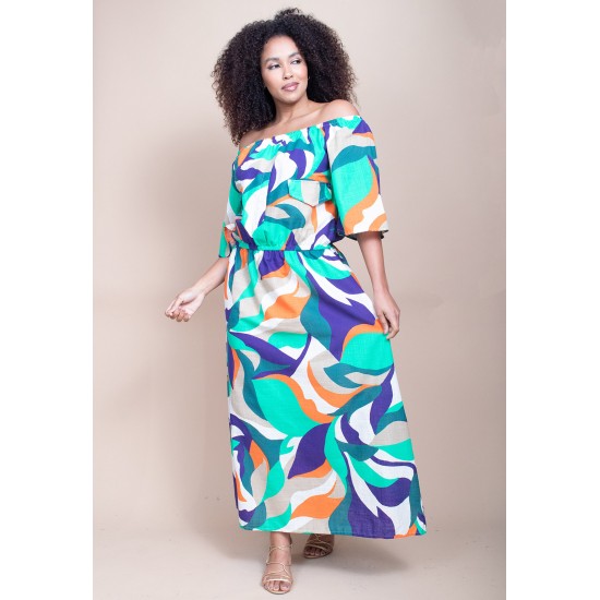 Vestido Midi Viscose Ciganinha com Lapela Estampa Brisa do Mar