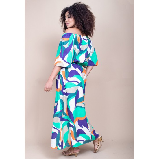 Vestido Midi Viscose Ciganinha com Lapela Estampa Brisa do Mar