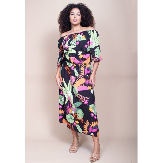 Vestido Midi Viscose Ciganinha com Lapela Estampa Noite Botânica