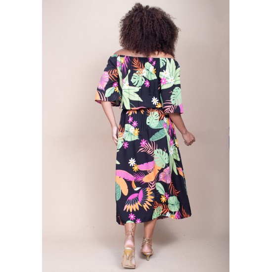 Vestido Midi Viscose Ciganinha com Lapela Estampa Noite Botânica