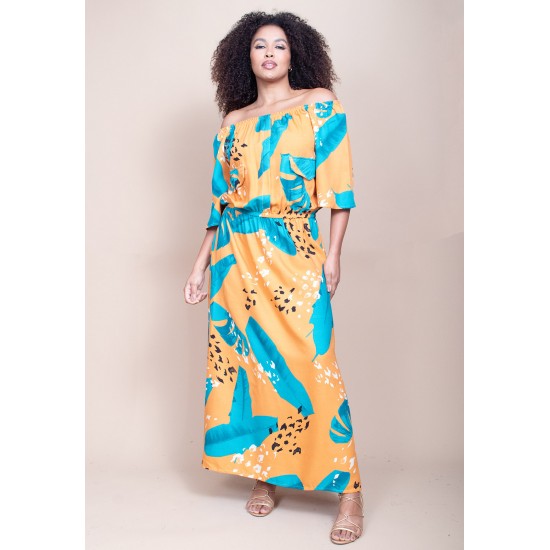 Vestido Midi Viscose Ciganinha com Lapela Estampa Aurora Botânica