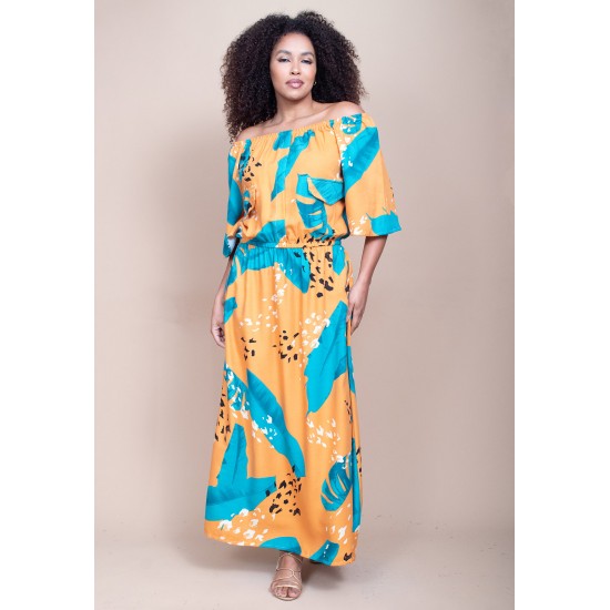Vestido Midi Viscose Ciganinha com Lapela Estampa Aurora Botânica