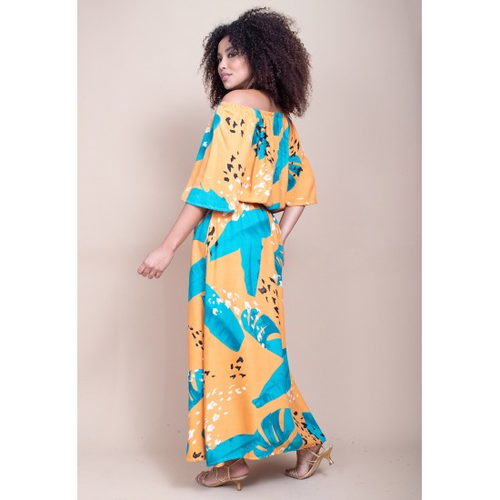 Vestido Midi Viscose Ciganinha com Lapela Estampa Aurora Botânica