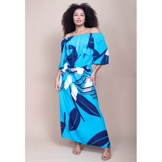 Vestido Midi Viscose Ciganinha com Lapela Estampa Imbé Blue