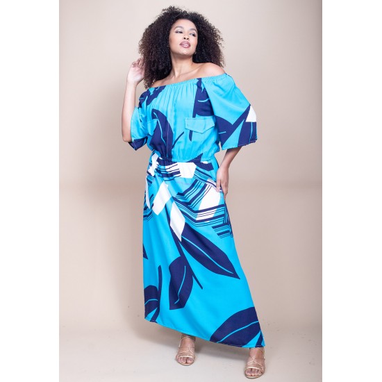 Vestido Midi Viscose Ciganinha com Lapela Estampa Imbé Blue