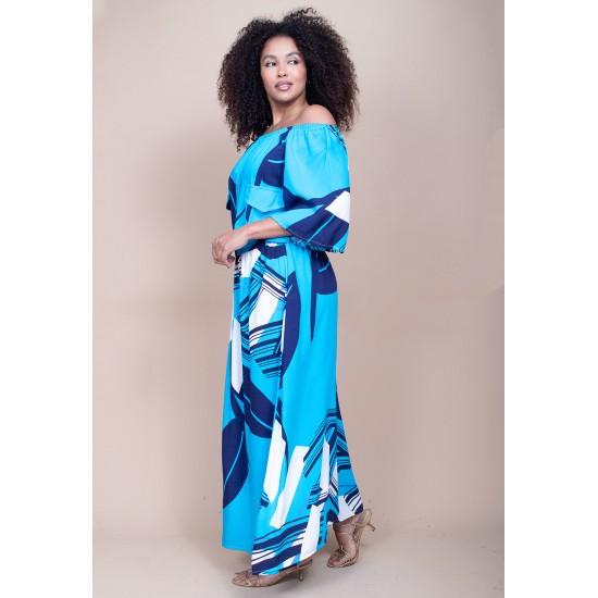 Vestido Midi Viscose Ciganinha com Lapela Estampa Imbé Blue