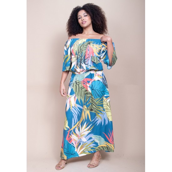 Vestido Midi Viscose Ciganinha com Lapela Estampa Brisa Botânica