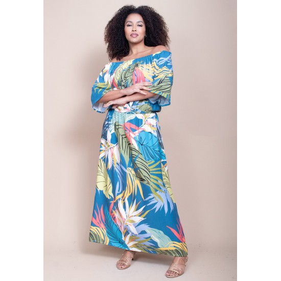 Vestido Midi Viscose Ciganinha com Lapela Estampa Brisa Botânica