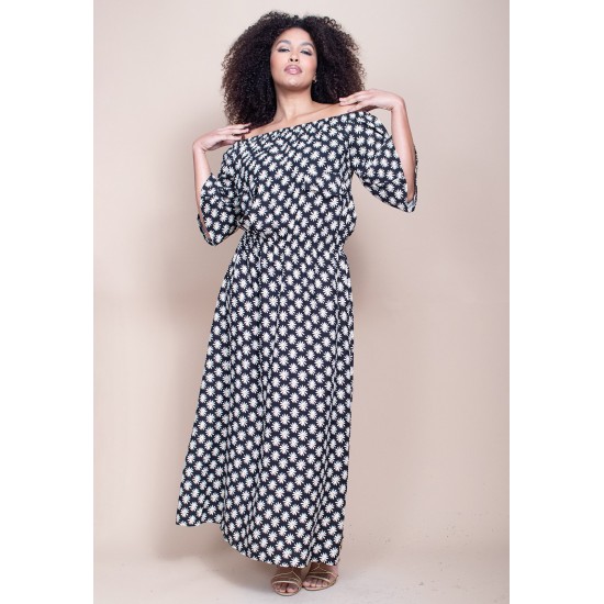 Vestido Midi Viscose Ciganinha com Lapela Estampa Encanto das Margaridas