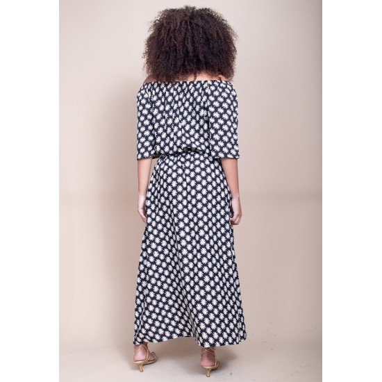 Vestido Midi Viscose Ciganinha com Lapela Estampa Encanto das Margaridas