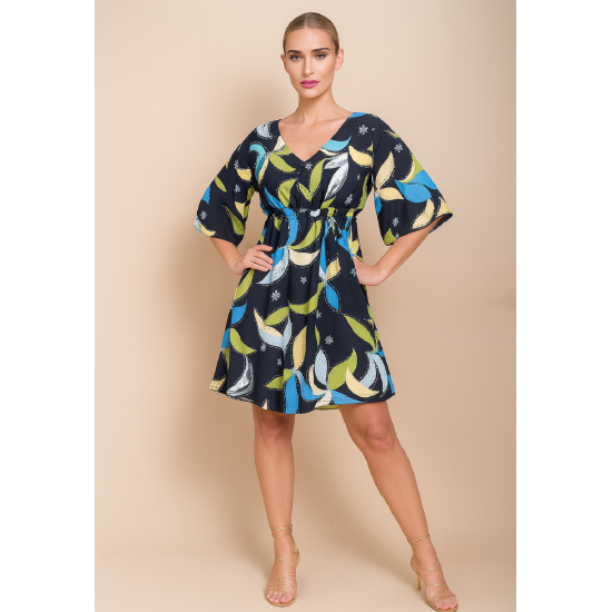 Vestido Curto Caaxixá Viscose com Cordão na Cintura Estampa Jardim Noturno