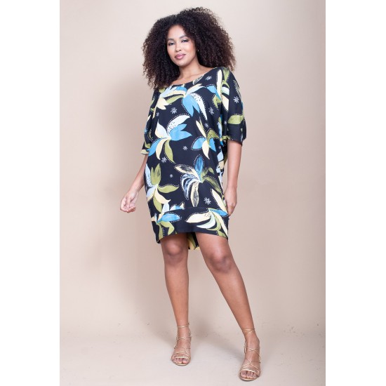 Vestido Curto Plano Morcego Estampa Jardim Noturno