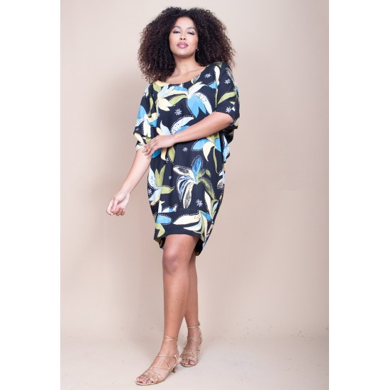 Vestido Curto Plano Morcego Estampa Jardim Noturno