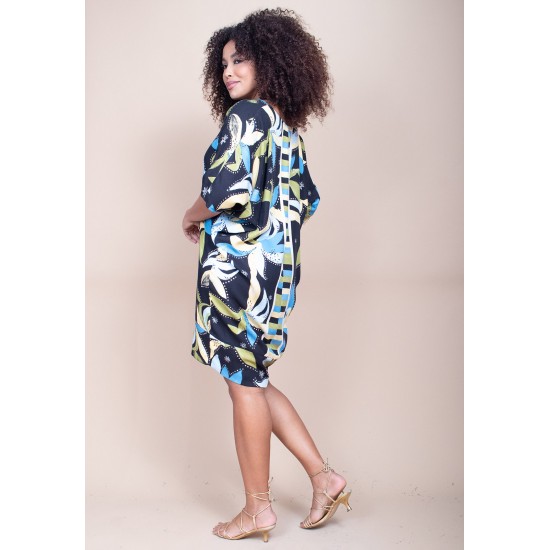 Vestido Curto Plano Morcego Estampa Jardim Noturno