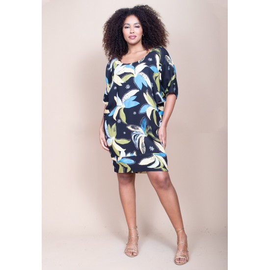 Vestido Curto Plano Morcego Estampa Jardim Noturno