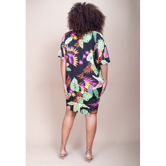 Vestido Curto Plano Morcego Estampa Noite Botânica