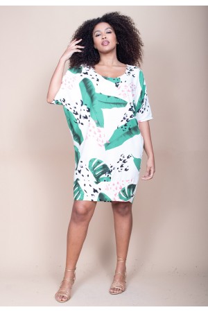 Vestido Curto Plano Morcego Estampa Folhagem Poética