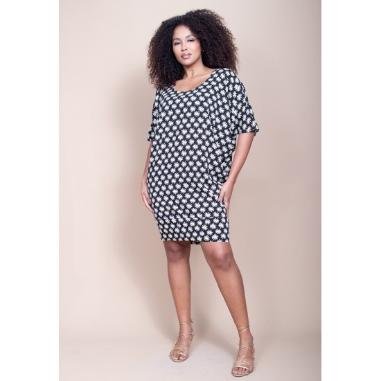 Vestido Curto Plano Morcego Estampa Encanto das Margaridas