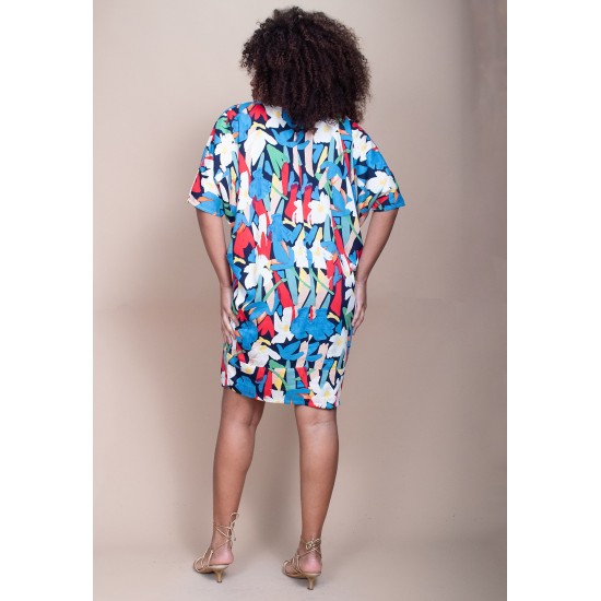 Vestido Curto Plano Morcego Estampa Floresce