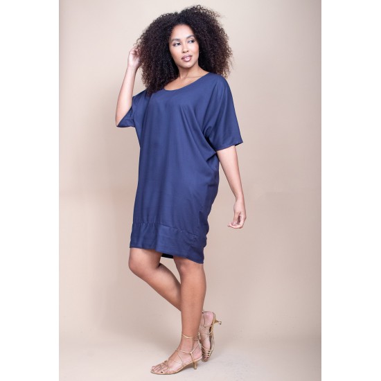 Vestido Curto Plano Morcego Azul Marinho