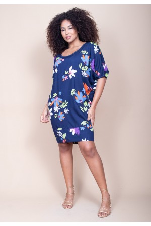 Vestido Curto Plano Morcego Estampa Festa das Flores Azul