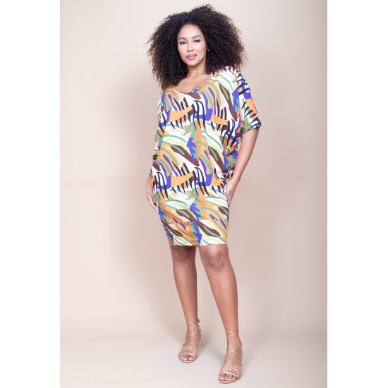 Vestido Curto Plano Morcego Estampa Cores Vibrante