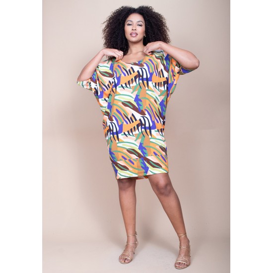 Vestido Curto Plano Morcego Estampa Cores Vibrante